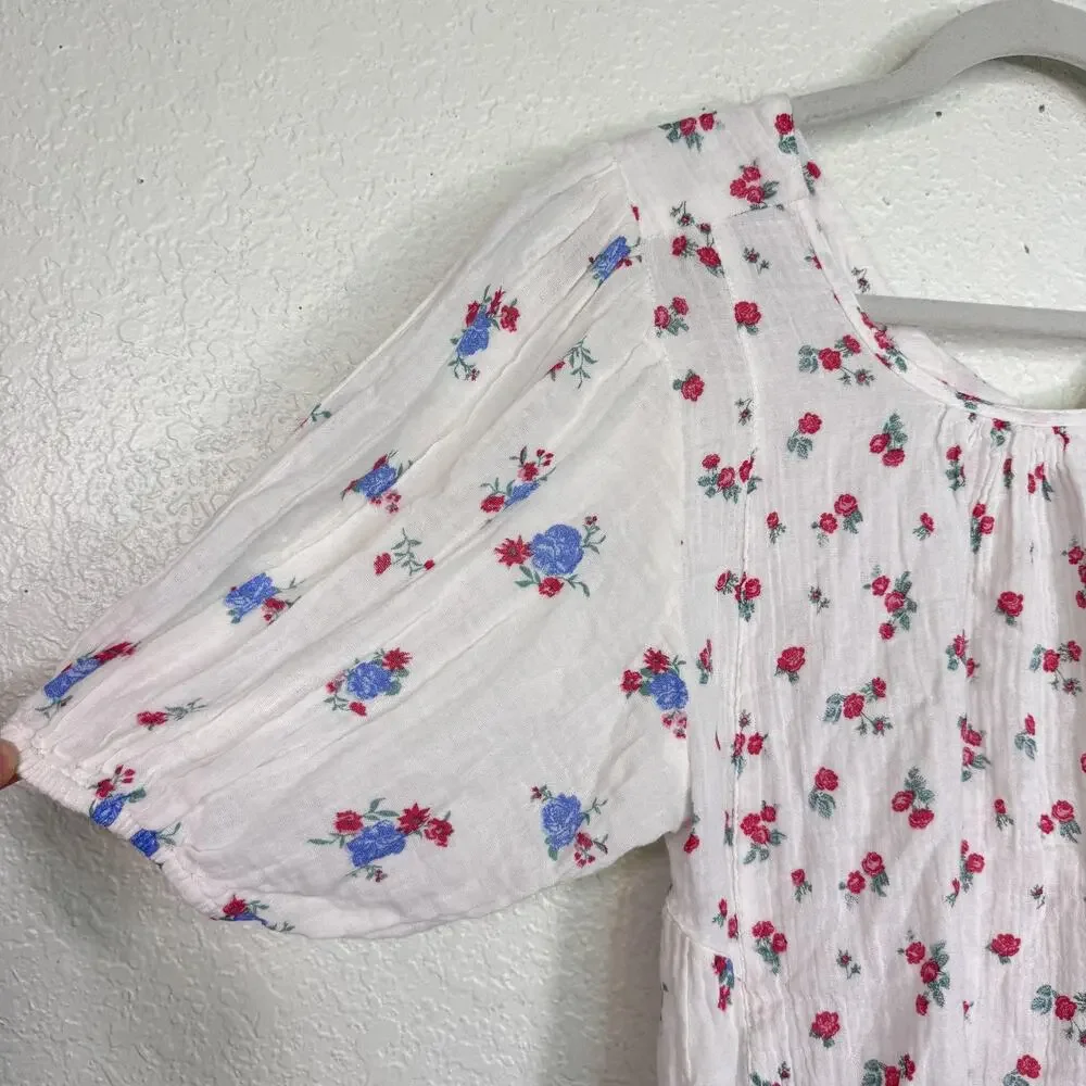 Free People Top Womens Small Floral Peplum Puff Sleeve Gauze Boho Flowy NEW
